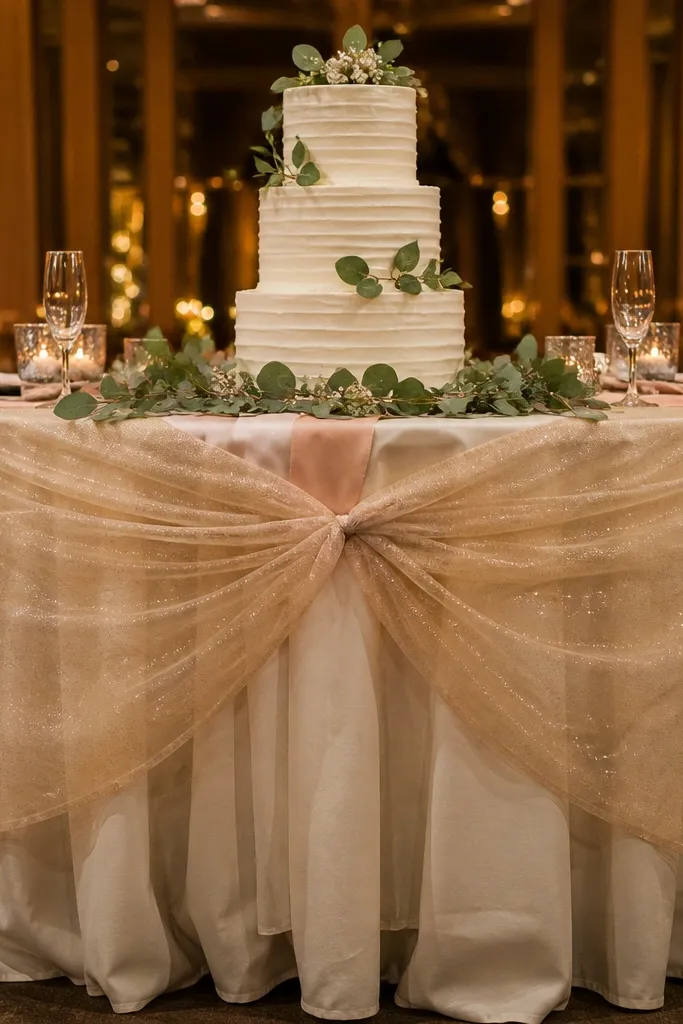 Champagne tulle draped over a table with gathered fabric at the front edge