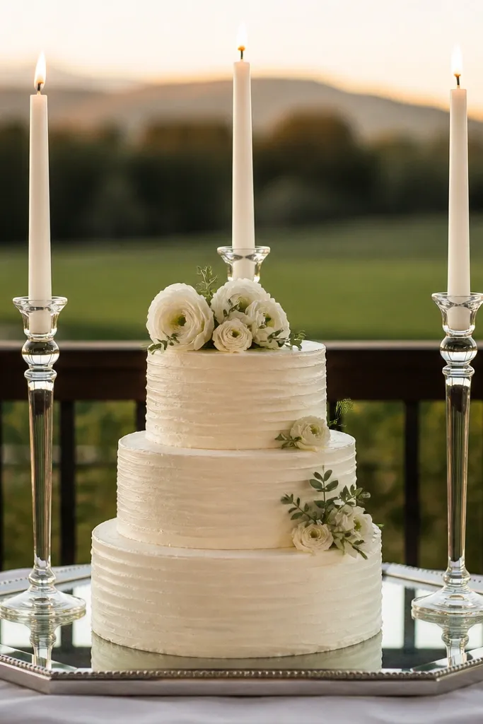 Three tall white candlesticks behind a cake with a mirrored base tray