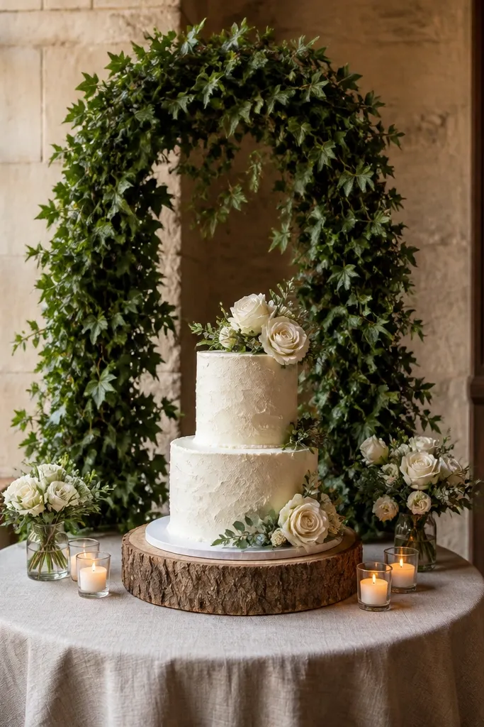 Faux ivy strands arranged in an arch behind a cake table