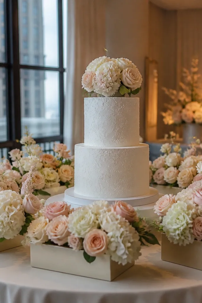 Low rectangular trays with blush and white rose clusters along the table edge