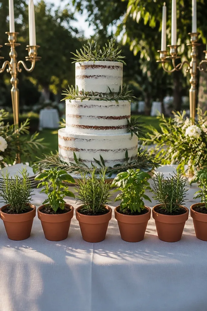 Mini terracotta pots with small herbs lined along the front edge of a cake table