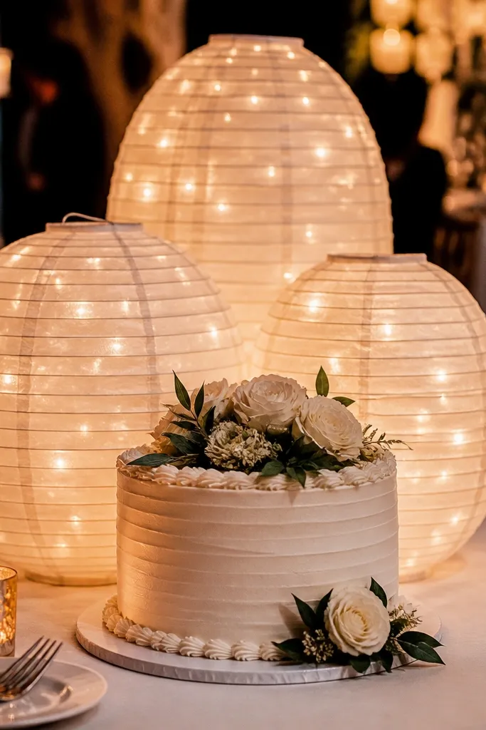 White lanterns with warm fairy lights behind a wedding cake