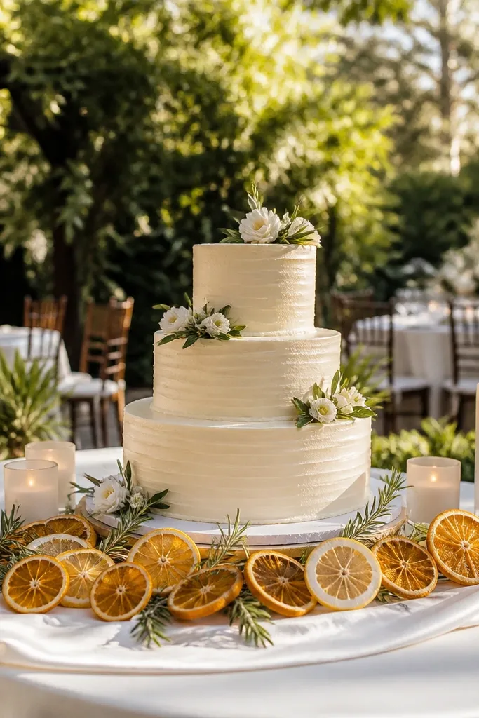 Citrus slices and rosemary garland laid across a cake table runner