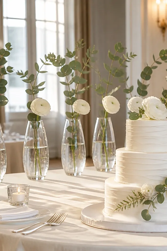 Clear vases with single stems arranged in a line behind a cake table