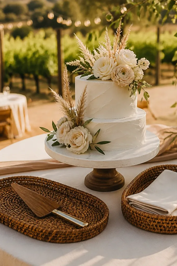 Woven baskets holding cake server tools and neatly folded napkins on a table