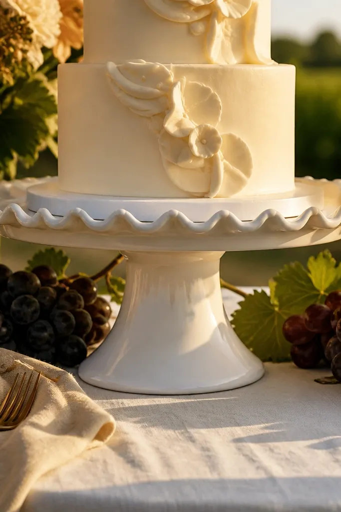 White ceramic scalloped riser holding a wedding cake on a table