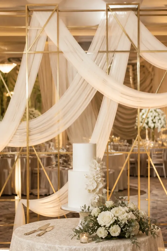 Gold wire frame behind cake with draped tulle ribbons