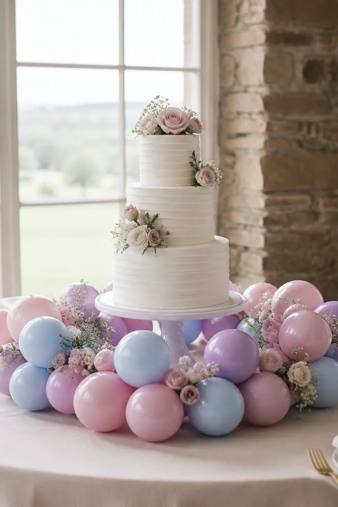 Pastel balloon garland around the base area of a wedding cake table