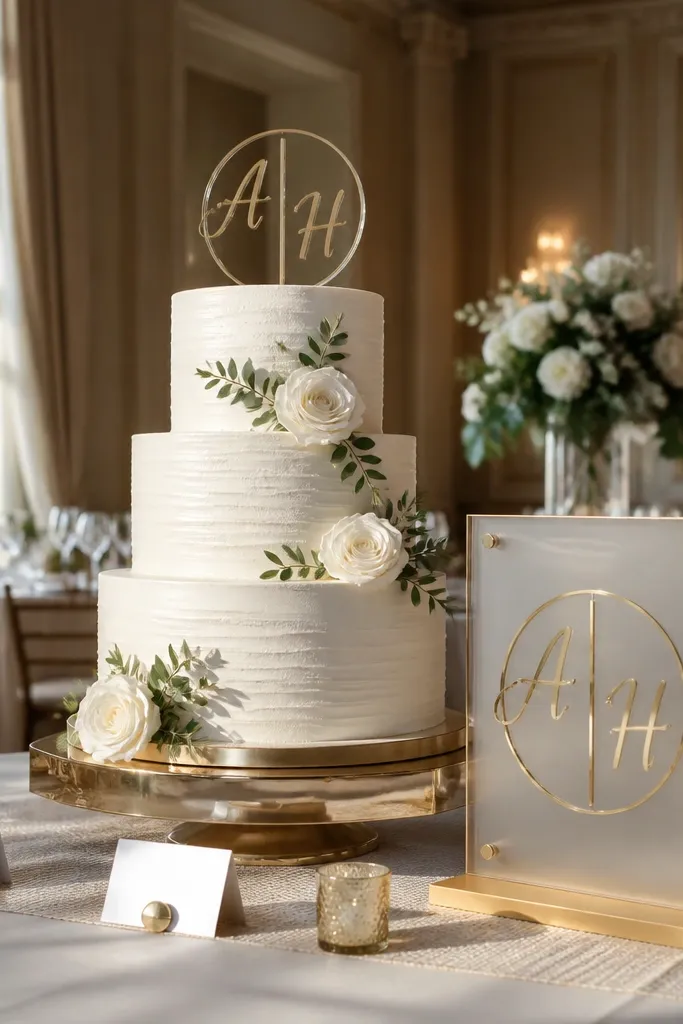 Monogram cake topper with acrylic sign cards on a cake table