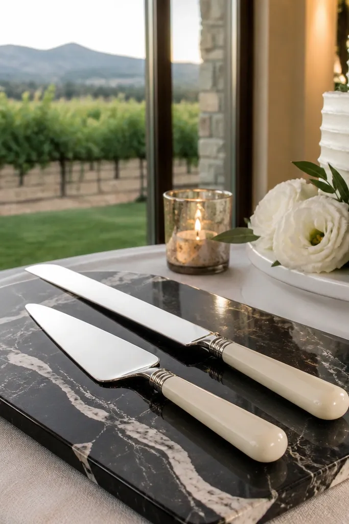 Marble effect tray with a cake knife station and small serving items