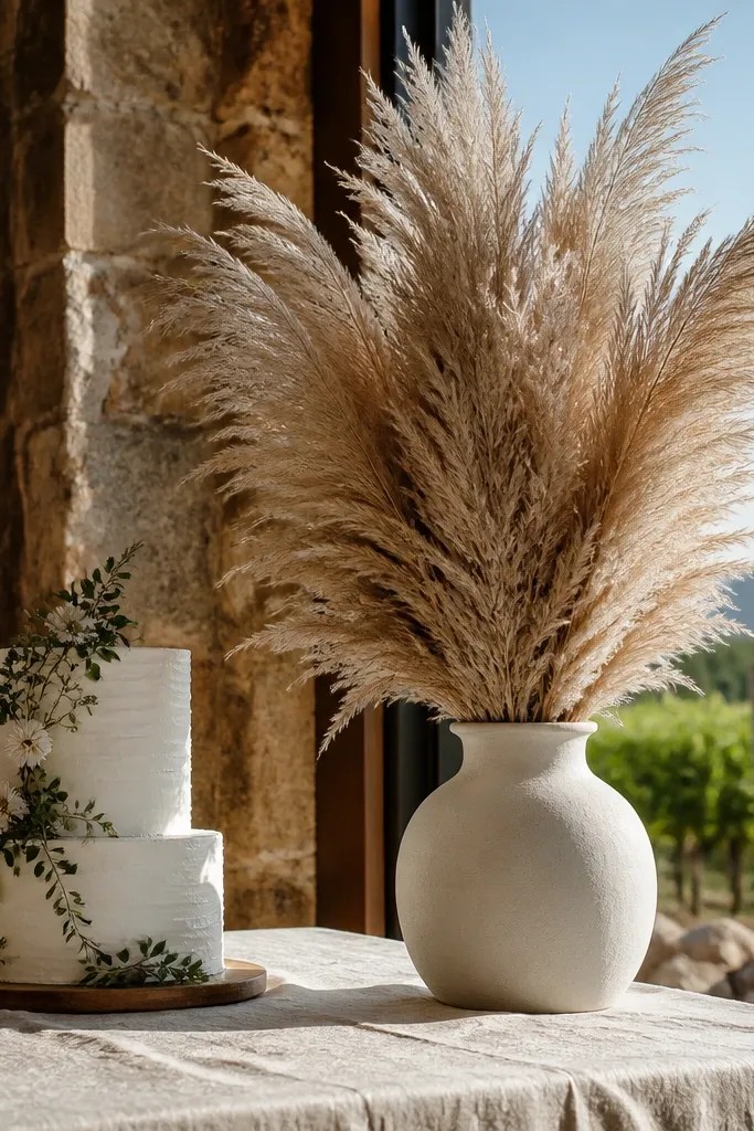 Oversized pampas grass plume in a neutral vase beside a wedding cake