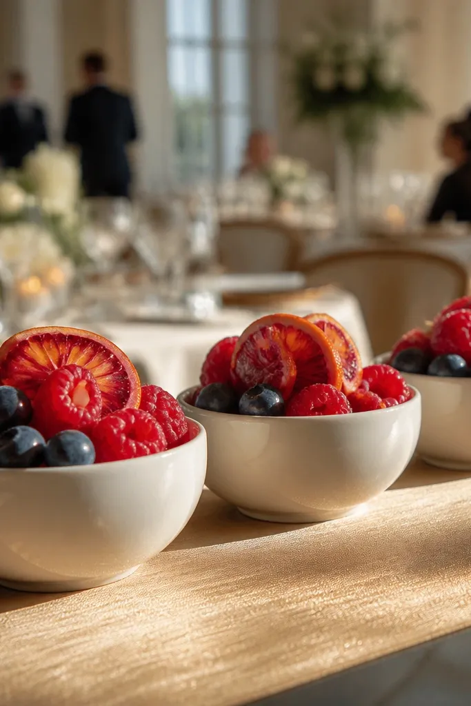 Mini fruit bowls filled with berries and citrus on a cake table