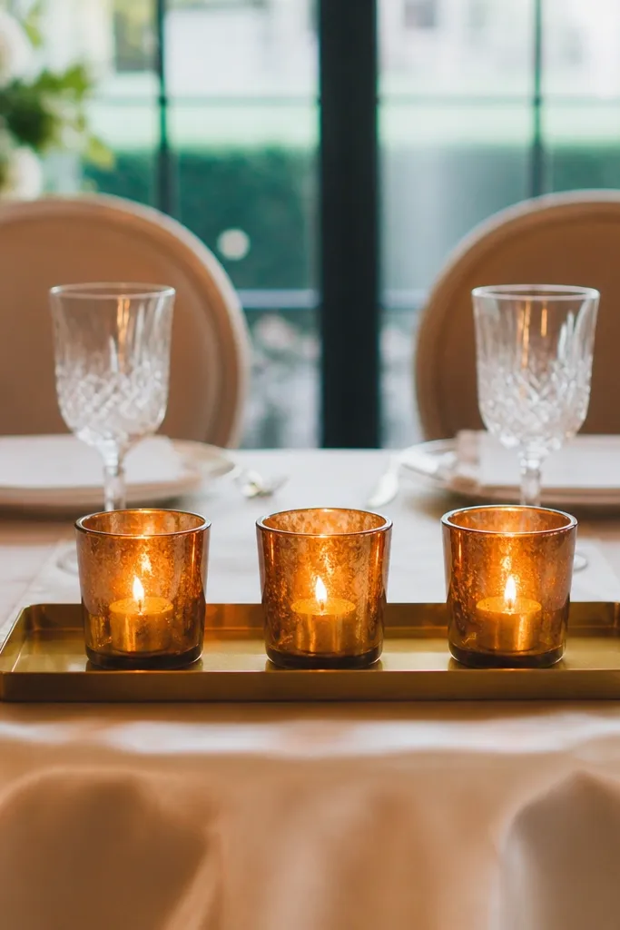 Brass tray with three amber glass votives and ivory table linen