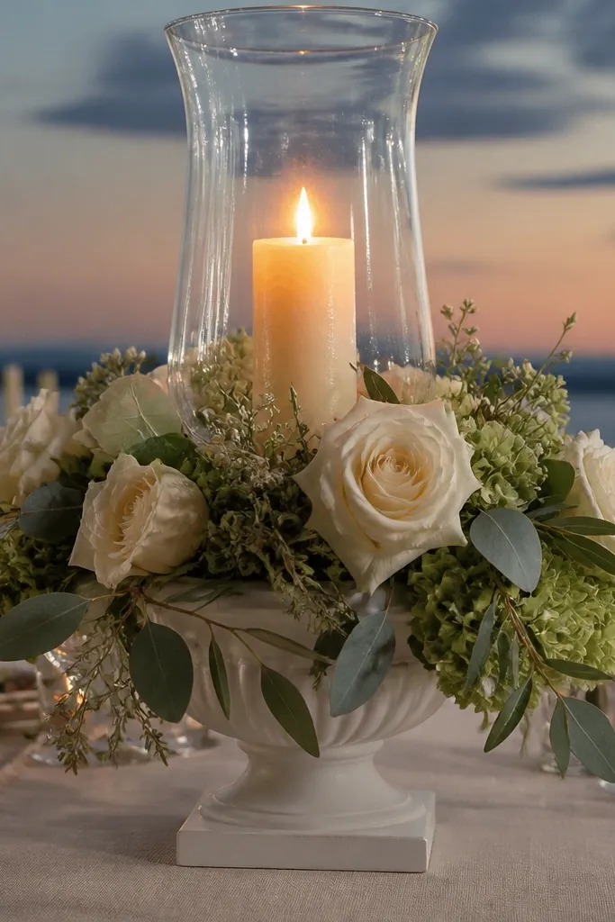 Tall glass hurricane lantern with a taper candle behind greenery