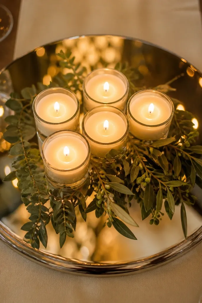 Mirrored charger holding five small candles with warm light