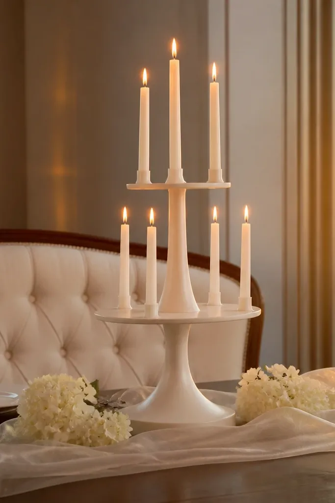 Three-tier candle stand with ivory tapers in alternating positions