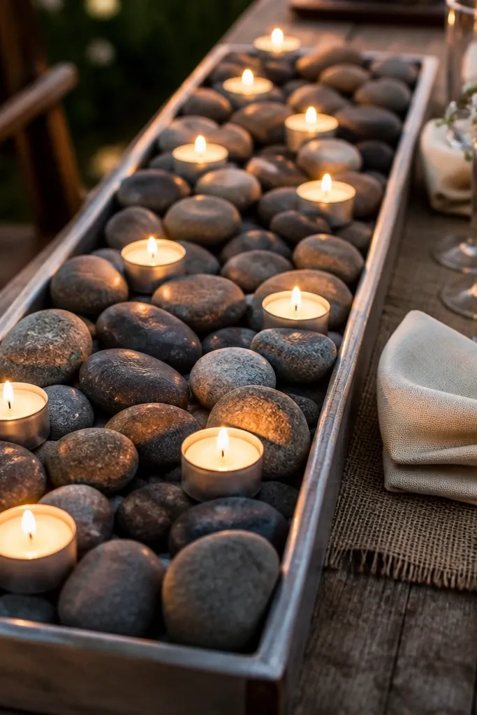 Shallow tray with river rocks and tea lights glowing on linen