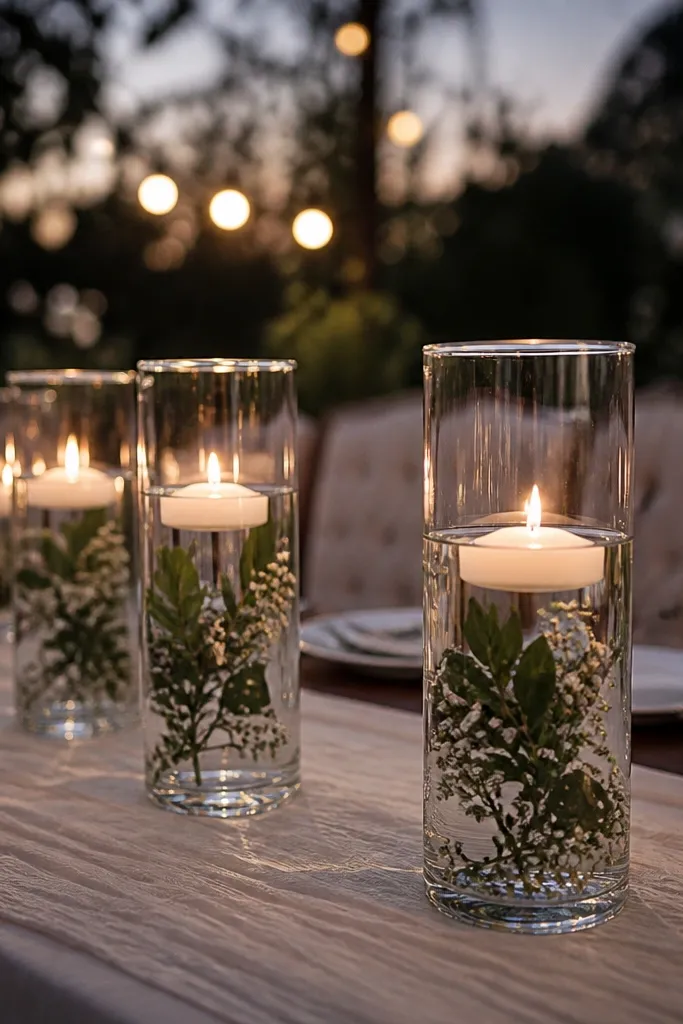 Clear glass cylinders with floating candles and soft greenery inside