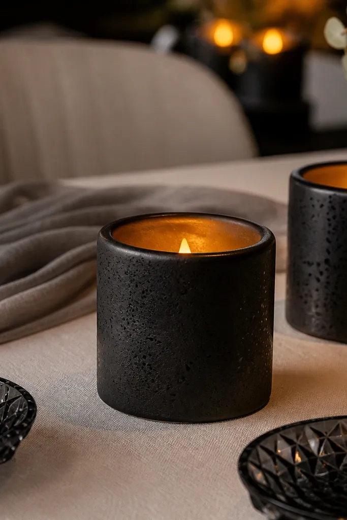 Black ceramic candle cups with amber glow tealights on white linen