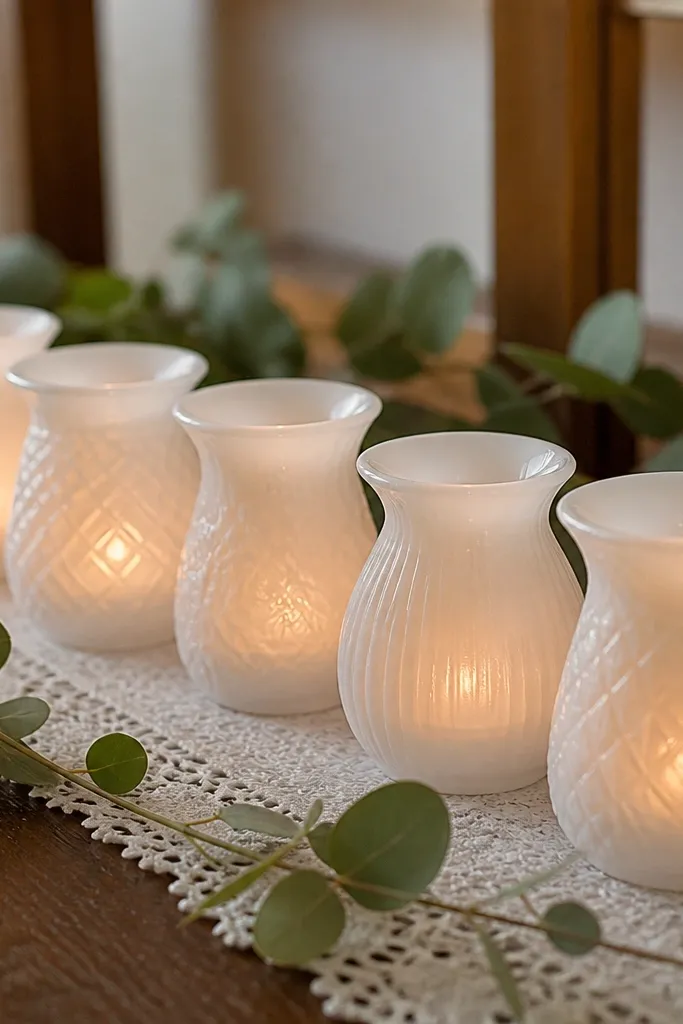 Milk glass bud vases holding small candles on a sweetheart table