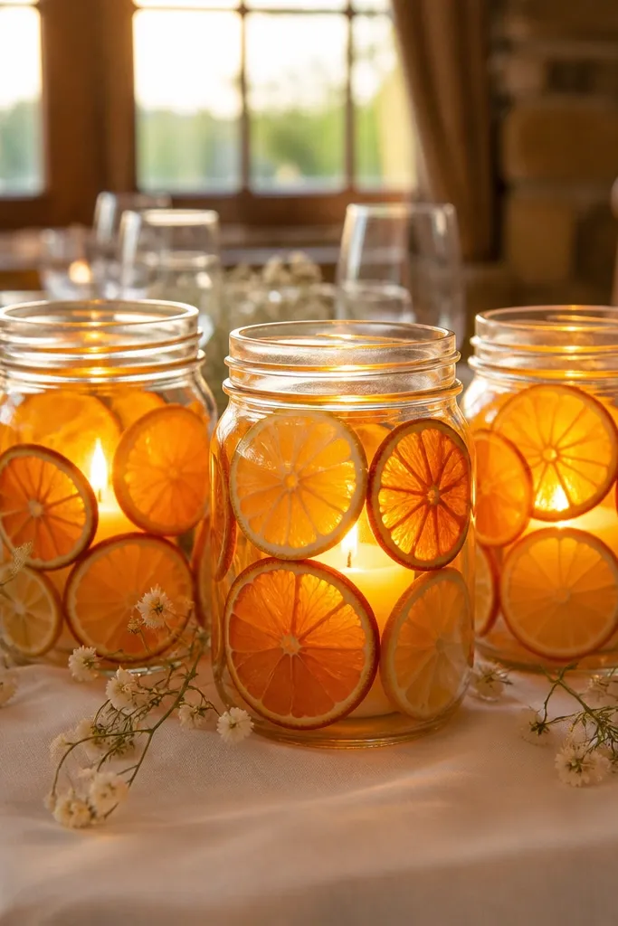 Glass jars with candles surrounded by dried citrus slices