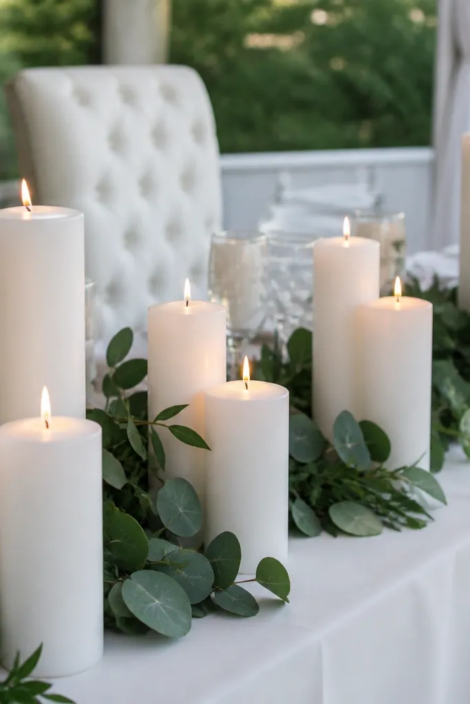 White pillar candles in staggered heights with faux greenery around
