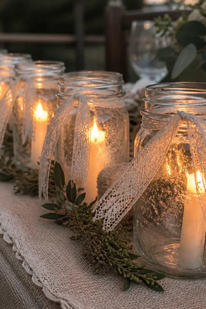 Jam jars tied with lace ribbon holding LED taper candles