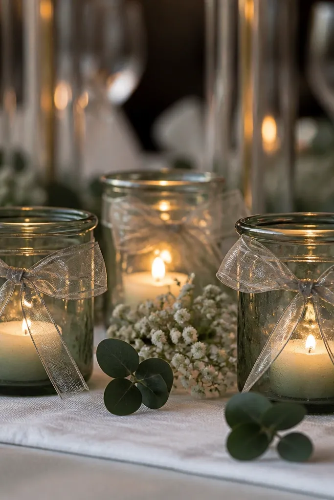 Sage green votive glasses with small ribbon bows on a table