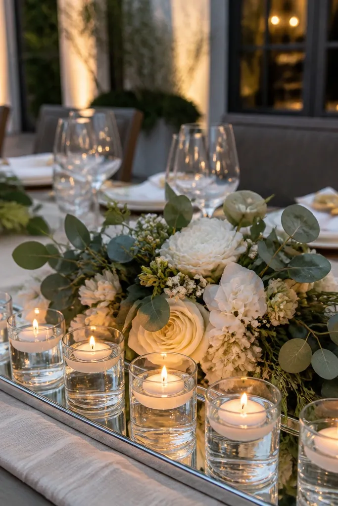 Shallow mirror tray with floating LED candles arranged in a line