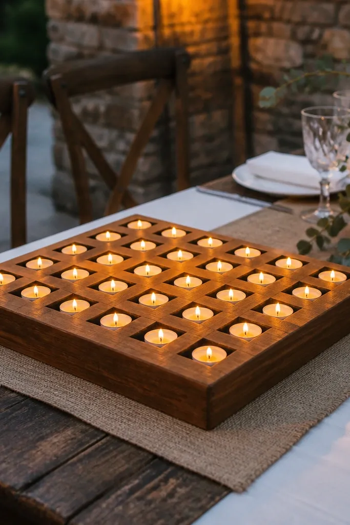 Wood slab with tealights in a neat grid pattern