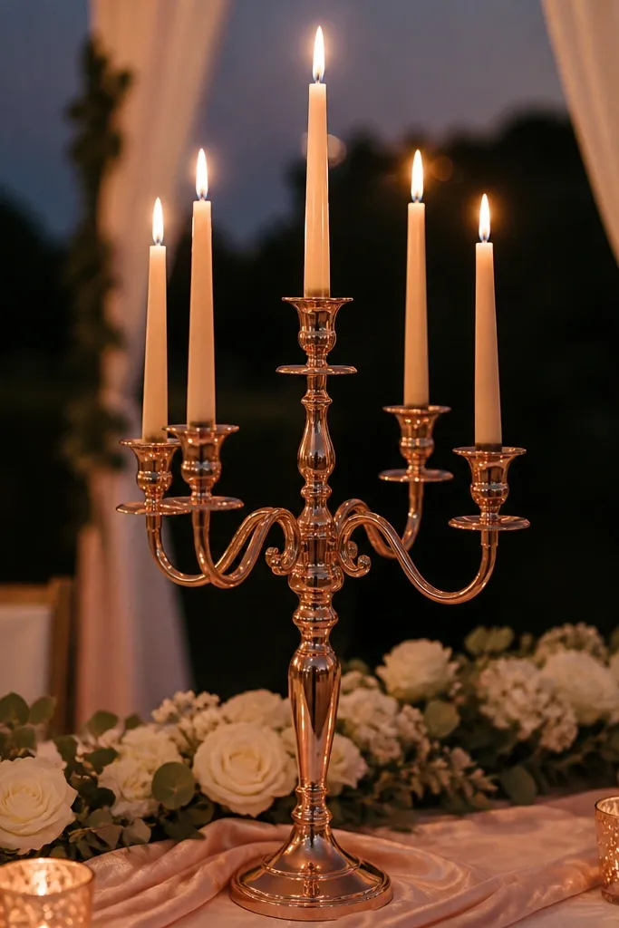 Rose gold candelabra holding five warm LED taper candles