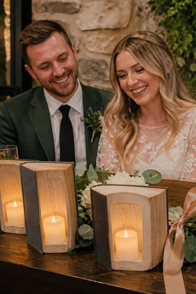 White book-shaped candle holders with LED candles inside