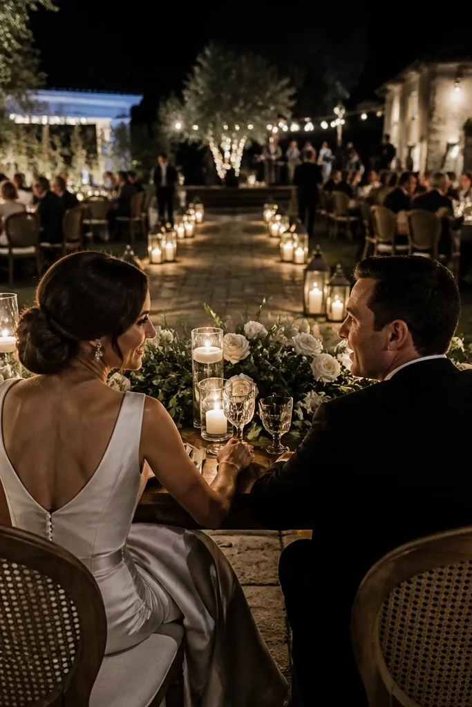 Small lanterns with warm LED candles lined behind the sweetheart table