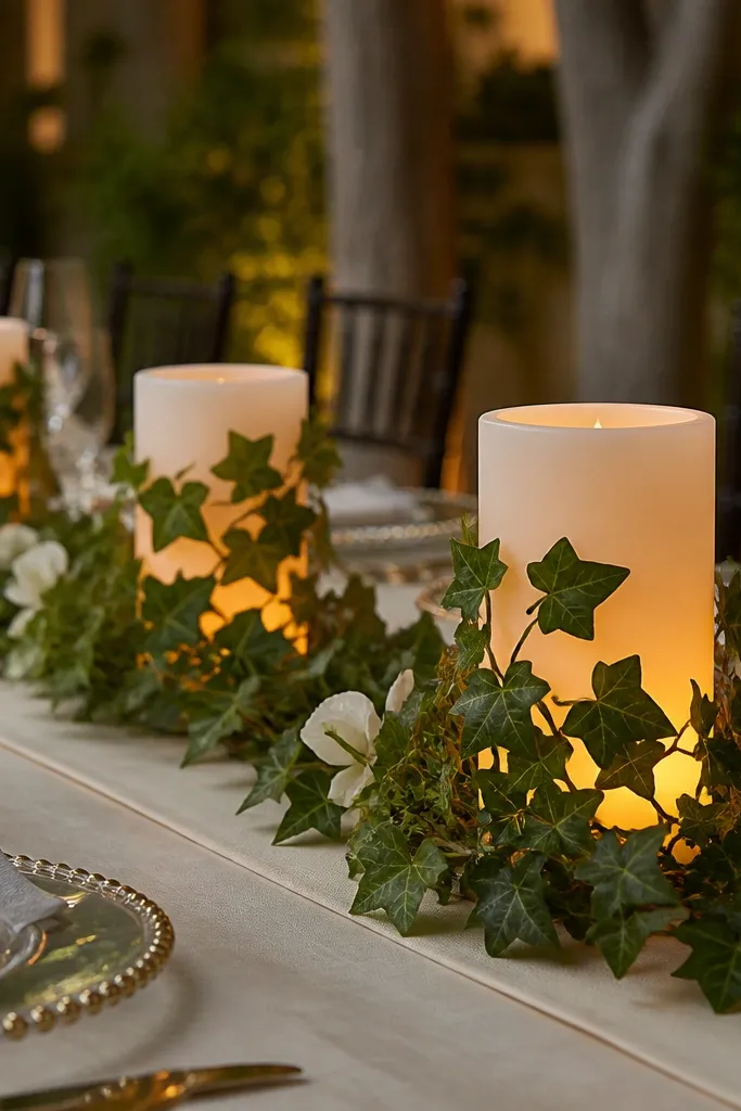 Pillar candles wrapped with ivy garland and warm LED glow