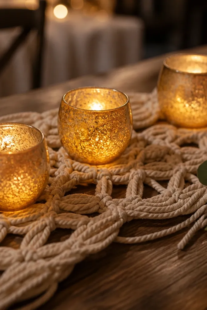 Candle cups on a macrame runner with warm amber LED tealights