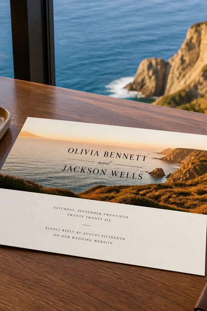 Wide top with centered wedding names and event details below
