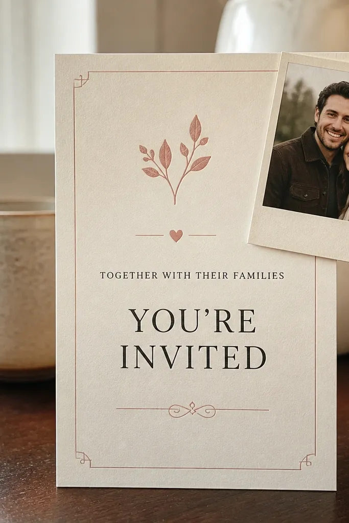 Small polaroid-style in the corner with clean typography across the page