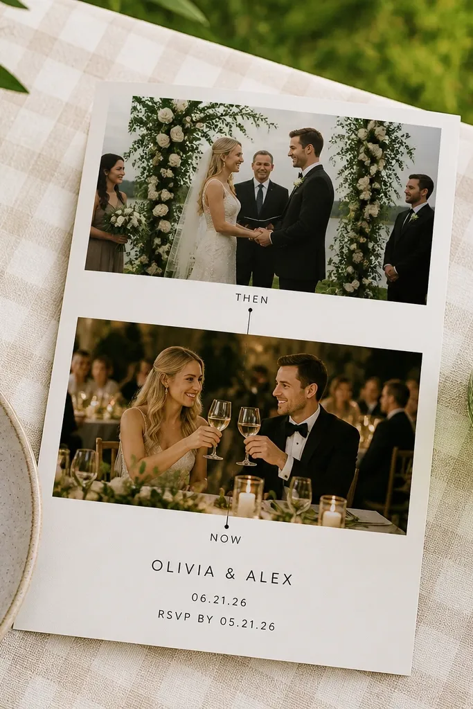 Two stacked photos with couple names centered between them