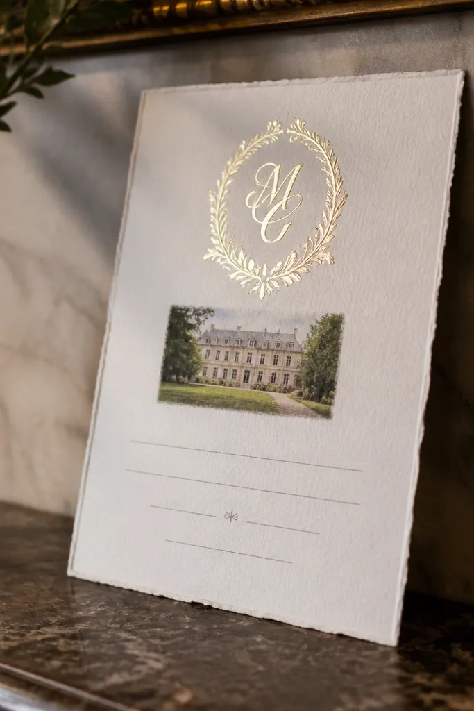 Monogram at top with a small venue accent near the header