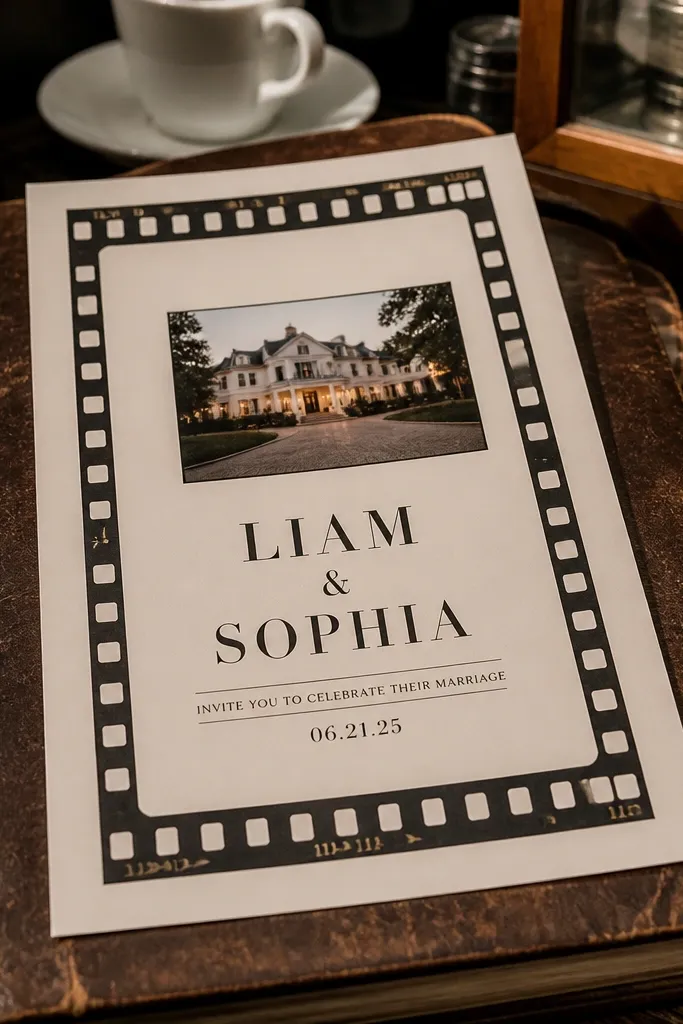 Film-frame border with centered wedding text and a small area