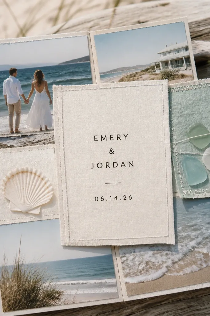 Two beach photos with stitched edges over a postcard-style layout