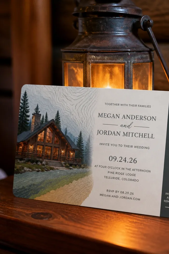 A cabin key card style card with layered topographic map lines