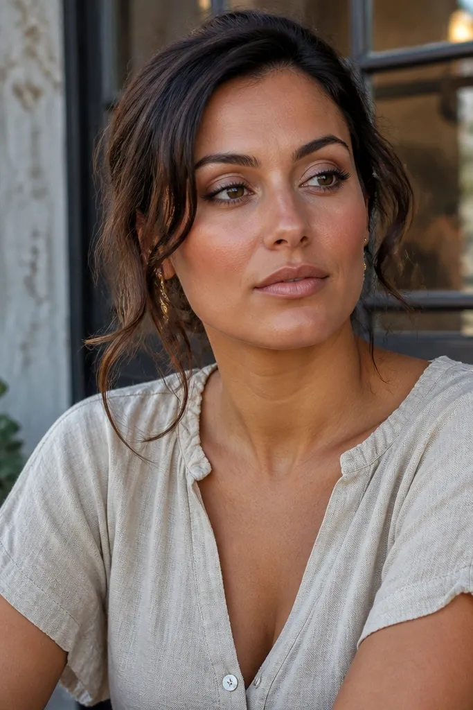 Brown eyes with champagne shimmer lid, taupe smoky outer corner, soft winged liner