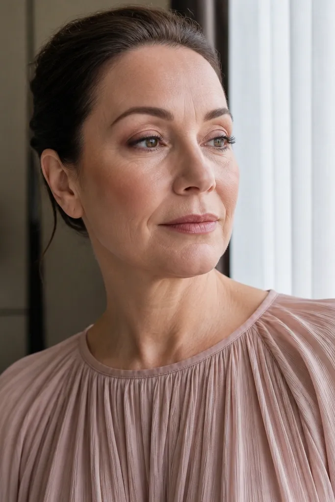 Rose-brown lid with a soft cut crease line and nude shimmer highlight under brow
