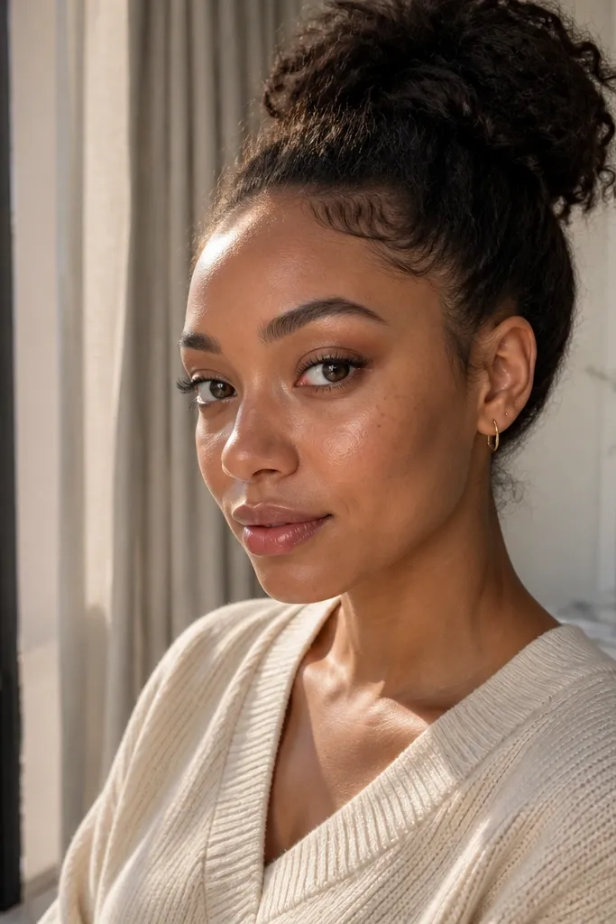 Mocha base with champagne under-brow highlight and subtle lid shimmer