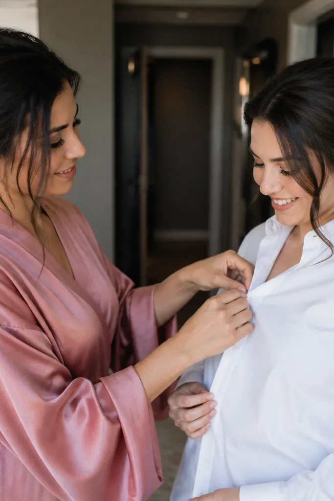 Bridesmaids in matching robes adjusting a partner's button-up and pulling sleeves back