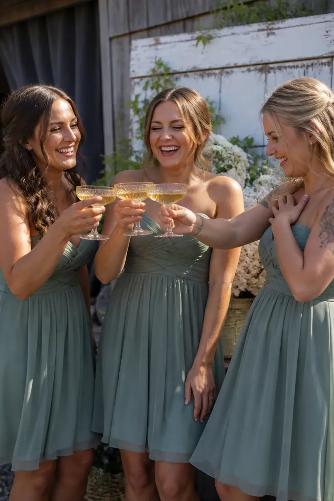 Bridesmaids toasting with glasses near a ceremony entrance sign