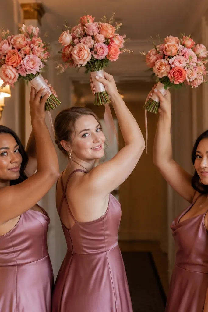 Bridesmaids lifting bouquets upward against a plain wall