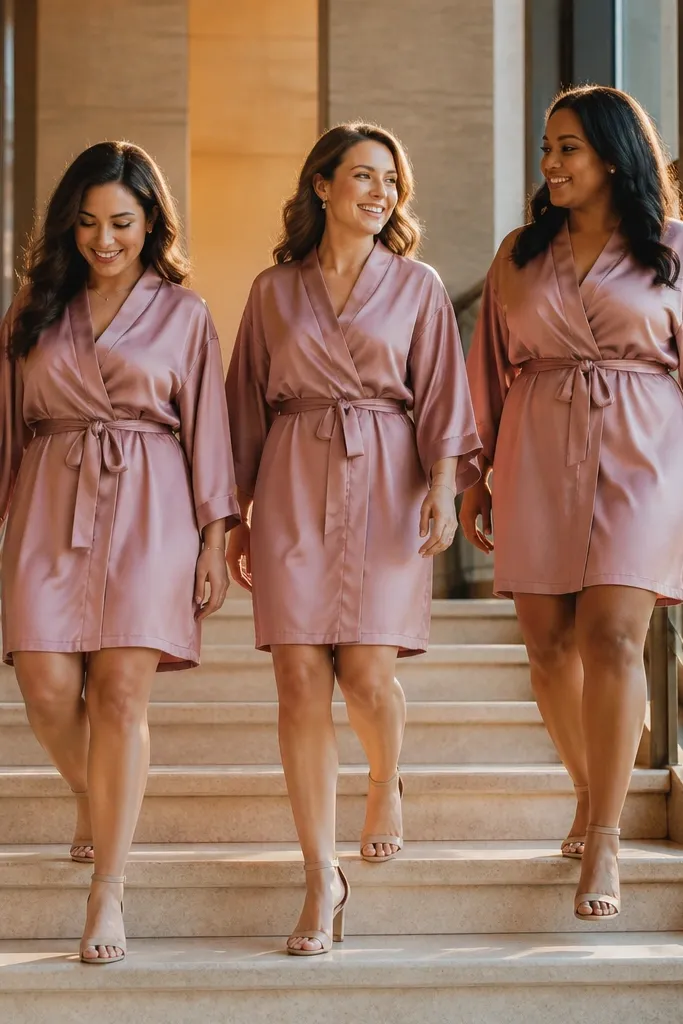 Bridesmaids walking down stairs in matching outfits