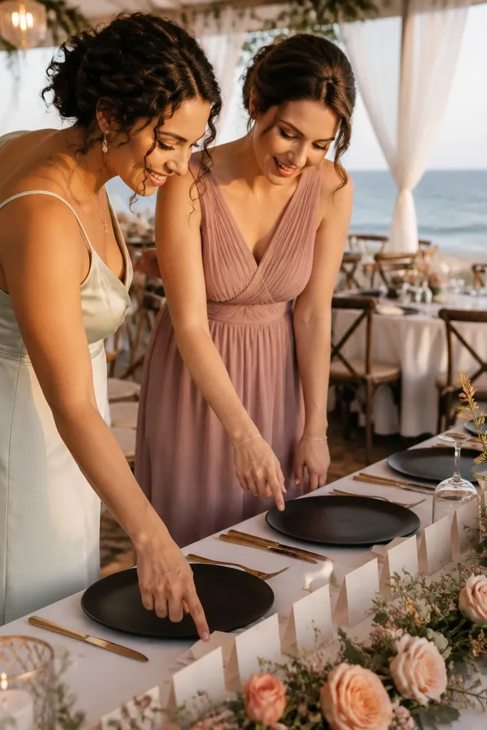 Bridesmaids near a reception table holding place cards and smiling